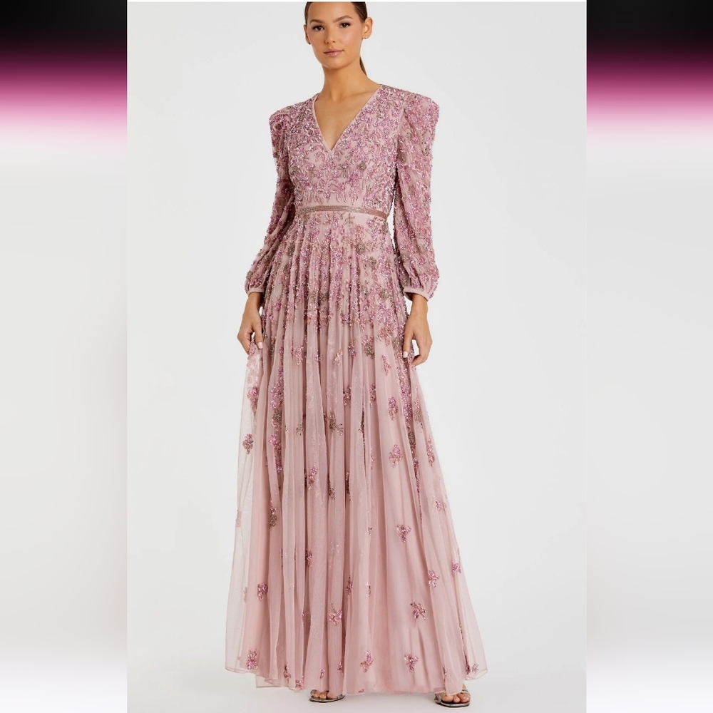Mac Duggal Dusty Rose Embellished V-Neck Long Sleeve Wedding Gown